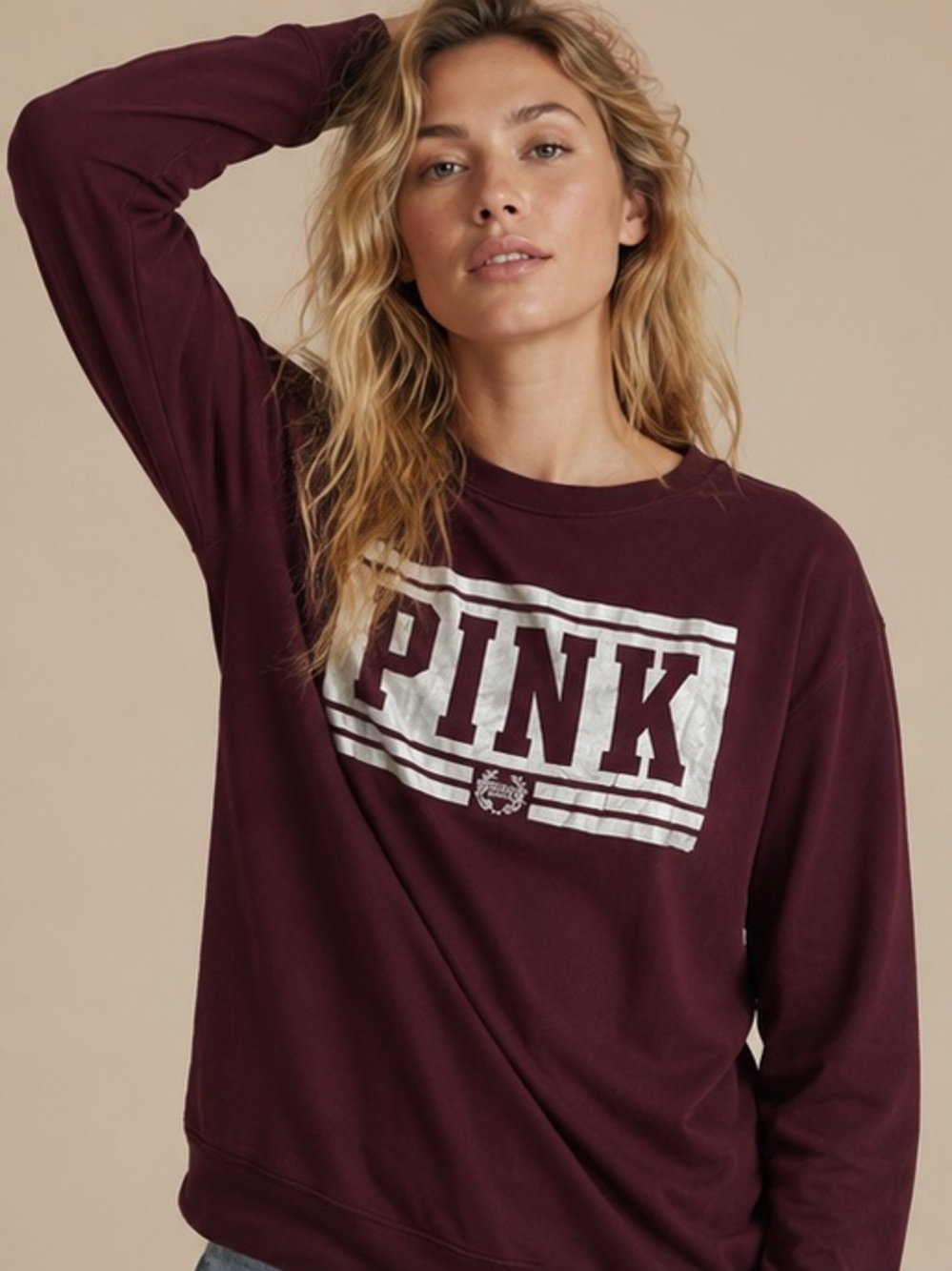 PINK Victoria's Secret Burgundy Graphic Sweatshirt Women's Long Sleeve Pullover